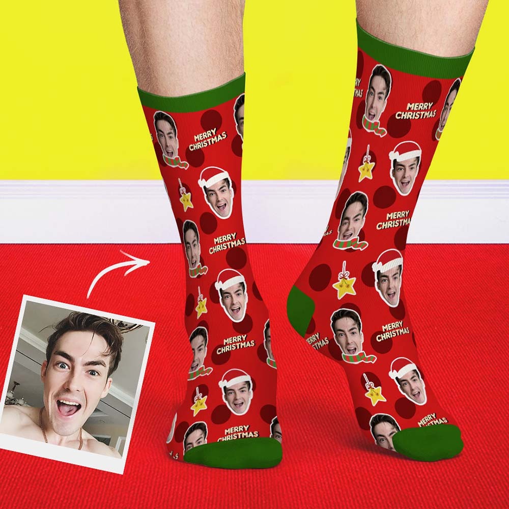 Merry Christmas Socks Custom Scarf And Christmas Hat Face socks - PhotoBoxer