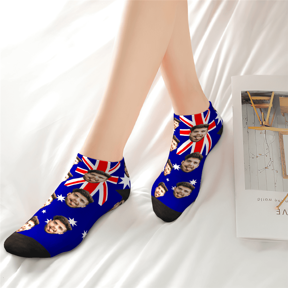 Custom Husband Face Australia Flag Ankle Socks - PhotoBoxer