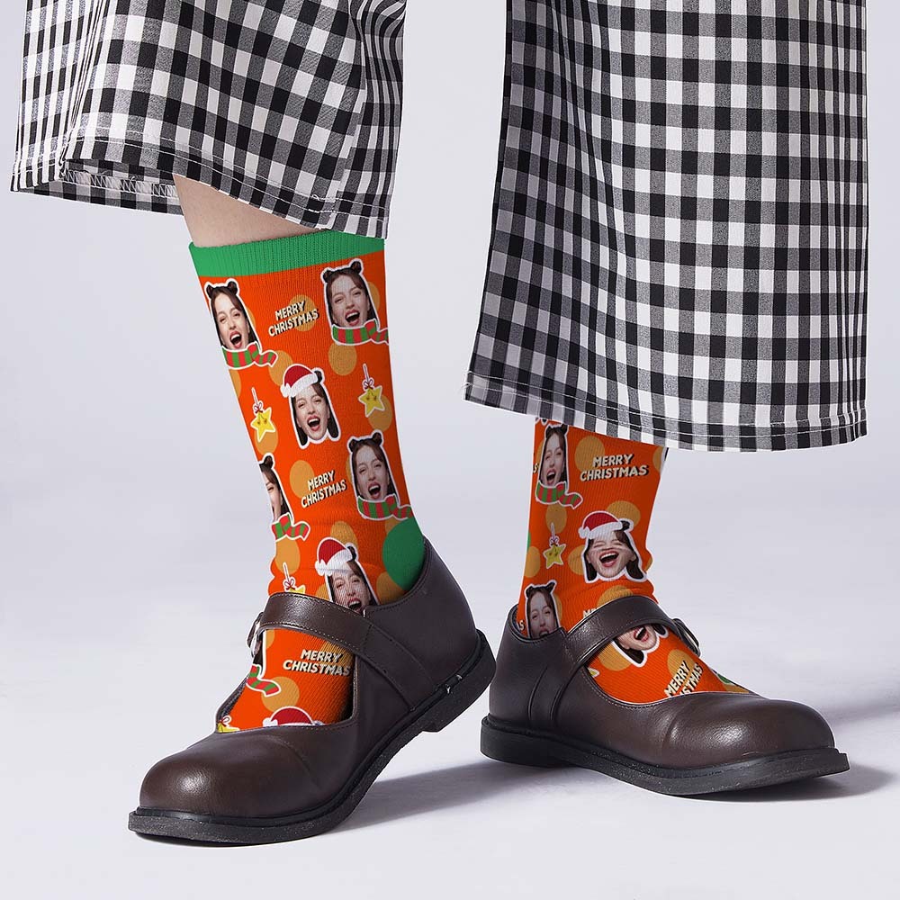 Merry Christmas Socks Custom Scarf And Christmas Hat Face socks - PhotoBoxer