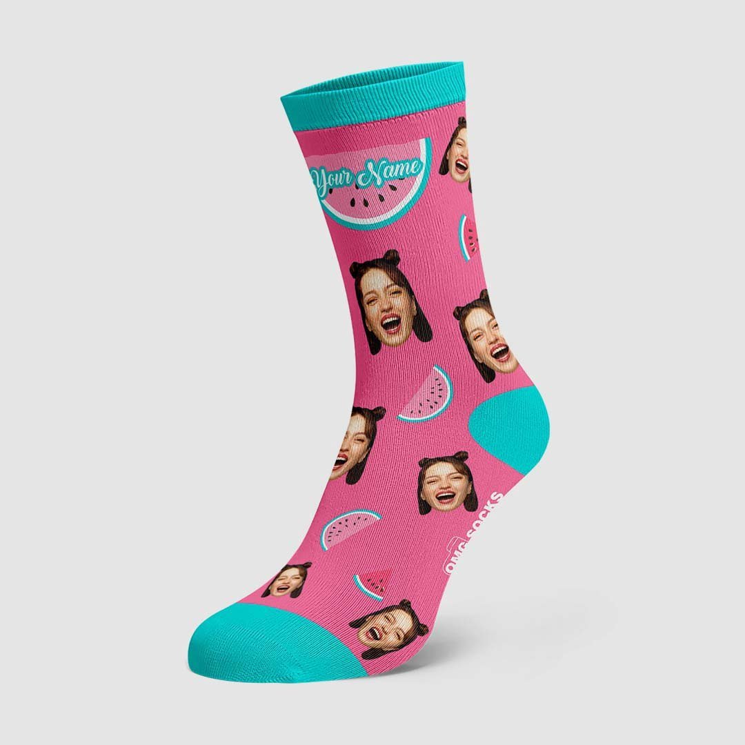 Custom Socks Cool Watermelon With Faces And Name - PhotoBoxer