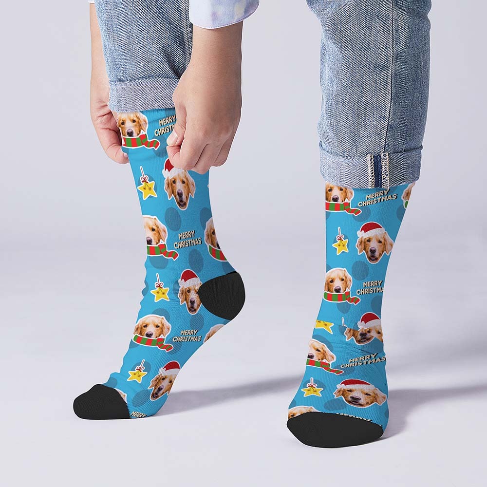 Merry Christmas Socks Custom Scarf And Christmas Hat Face socks - PhotoBoxer
