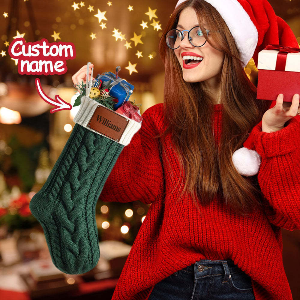 Personalized Christmas Stocking with Name Leather Patches Knitted Xmas Stockings Decoration - PhotoBoxer