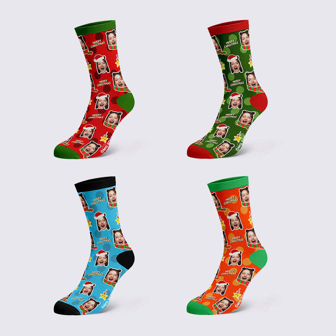 Merry Christmas Socks Custom Scarf And Christmas Hat Face socks - PhotoBoxer