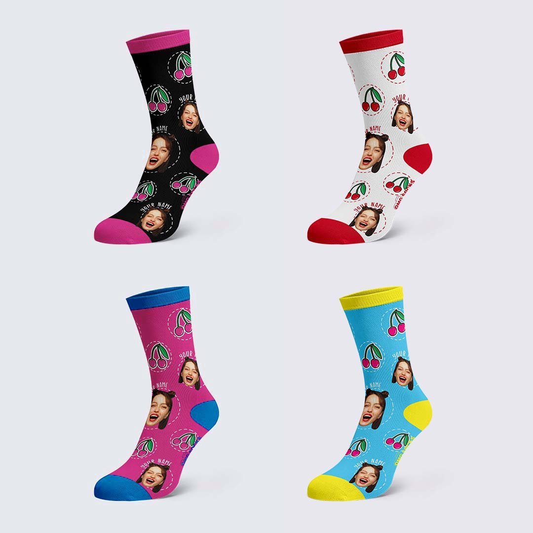 Color Cherry Photo Name Socks - PhotoBoxer