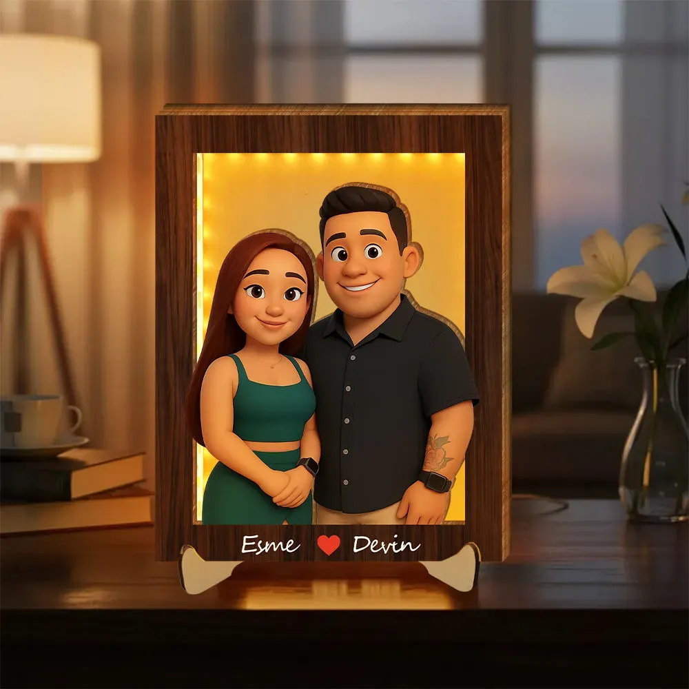 Personalized Wooden Cartoon Light Wall Art, Custom Cartoon Portrait, Wood Home Decor, Night Light Gifts, Valentine's Day Gift - PhotoBoxer