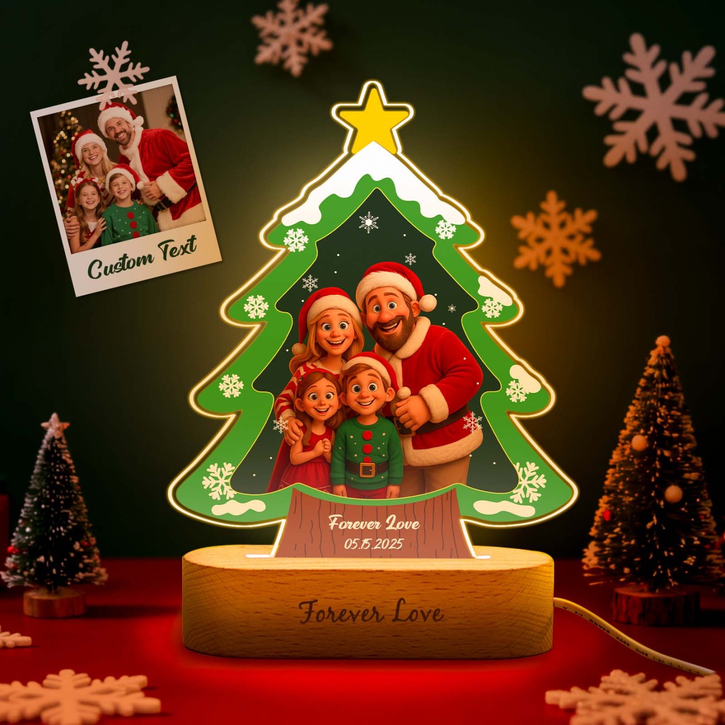 Personalized Christmas Tree Night Light, Custom Photo Engraved Cartoon Style Gift, Best Christmas Gift for Couple, Family - PhotoBoxer