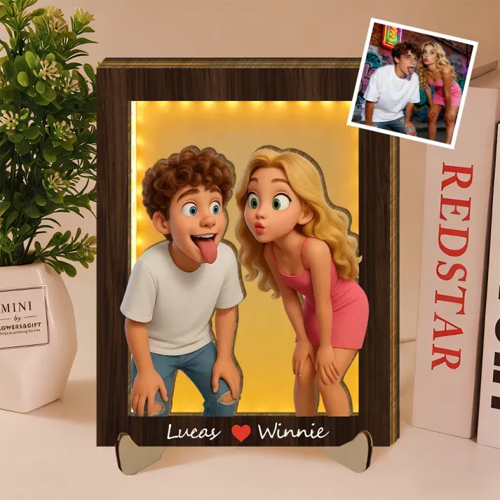 Personalized Wooden Cartoon Light Wall Art, Custom Cartoon Portrait, Wood Home Decor, Night Light Gifts, Valentine's Day Gift - PhotoBoxer