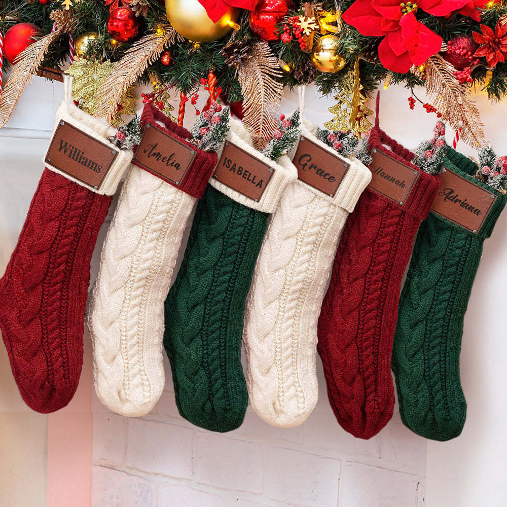 Personalized Christmas Stocking with Name Leather Patches Knitted Xmas Stockings Decoration - PhotoBoxer