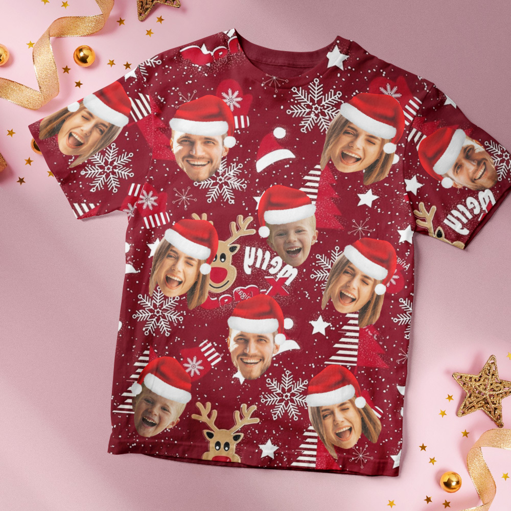 Custom Face T-shirt Personalized Personalized Photo Xmas Leds Unisex T-shirts Merry Christmas - PhotoBoxer