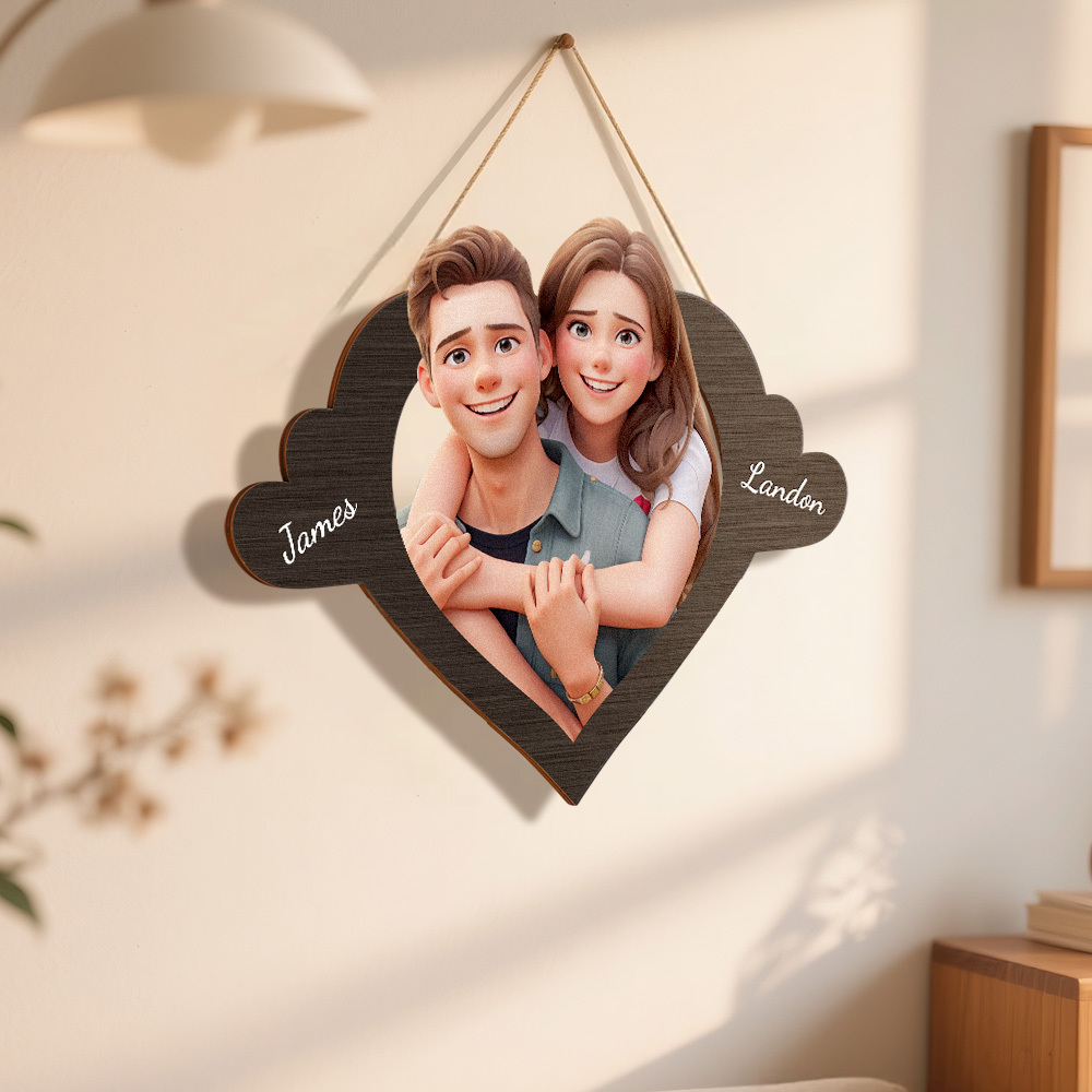Personalized Pixar Cartoon-Style Wooden Family Name Heart-Shaped Photo Frame Best Anniversary Birthday Family Holiday Gift - MyPhotoBoxerUk