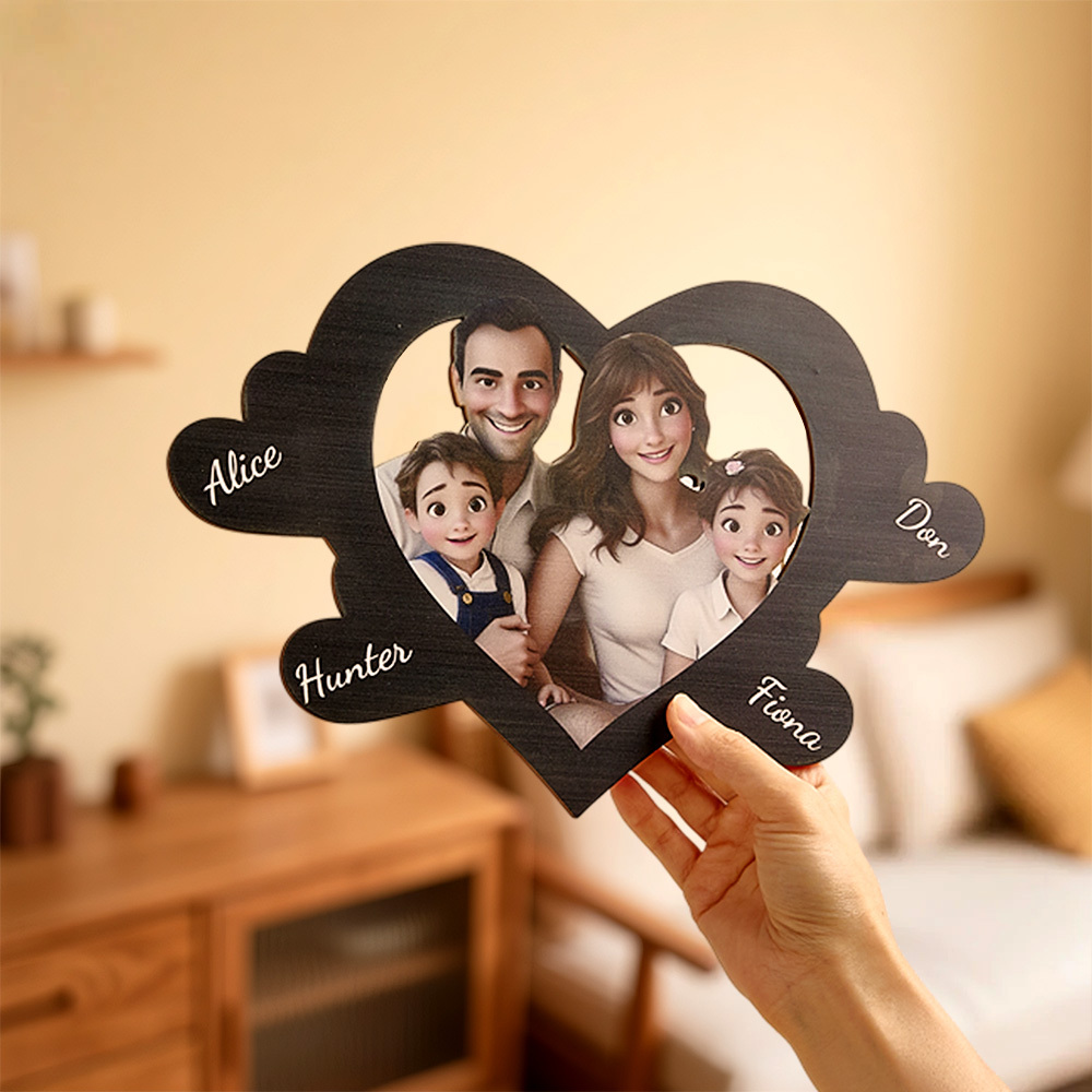 Personalized Pixar Cartoon-Style Wooden Family Name Heart-Shaped Photo Frame Best Anniversary Birthday Family Holiday Gift - MyPhotoBoxerUk