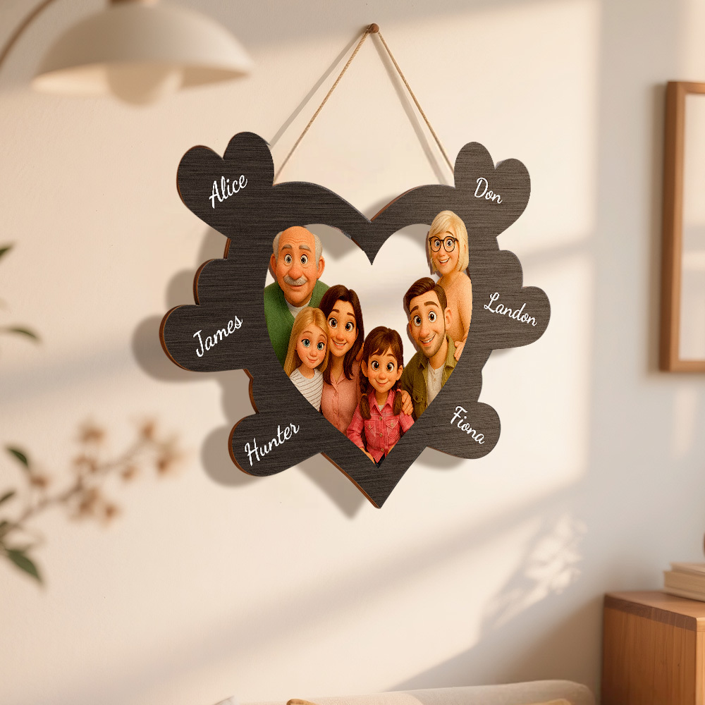 Personalized Pixar Cartoon-Style Wooden Family Name Heart-Shaped Photo Frame Best Anniversary Birthday Family Holiday Gift - MyPhotoBoxerUk