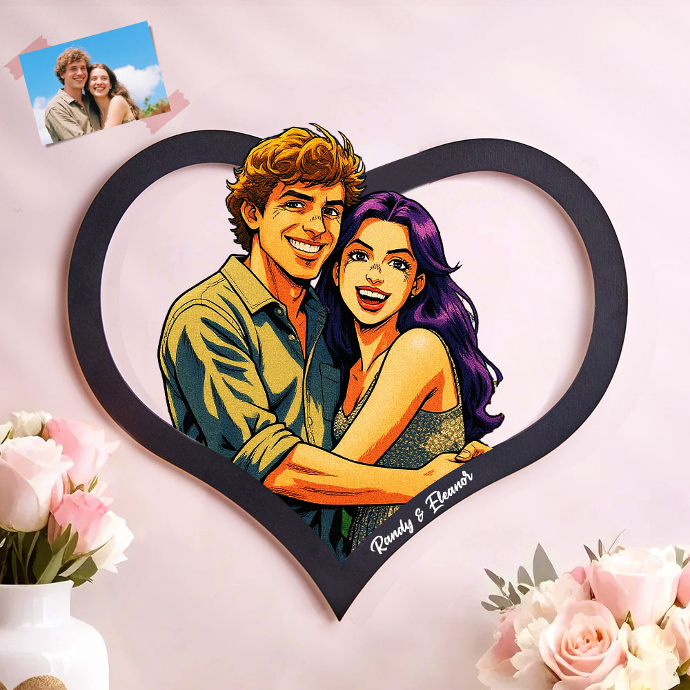 Personalized Heart-Shaped Cartoon Couple Frame｜Your Photo Transformed into Custom Illustration｜Add Names & Special Dates｜Romantic Gift for Couples