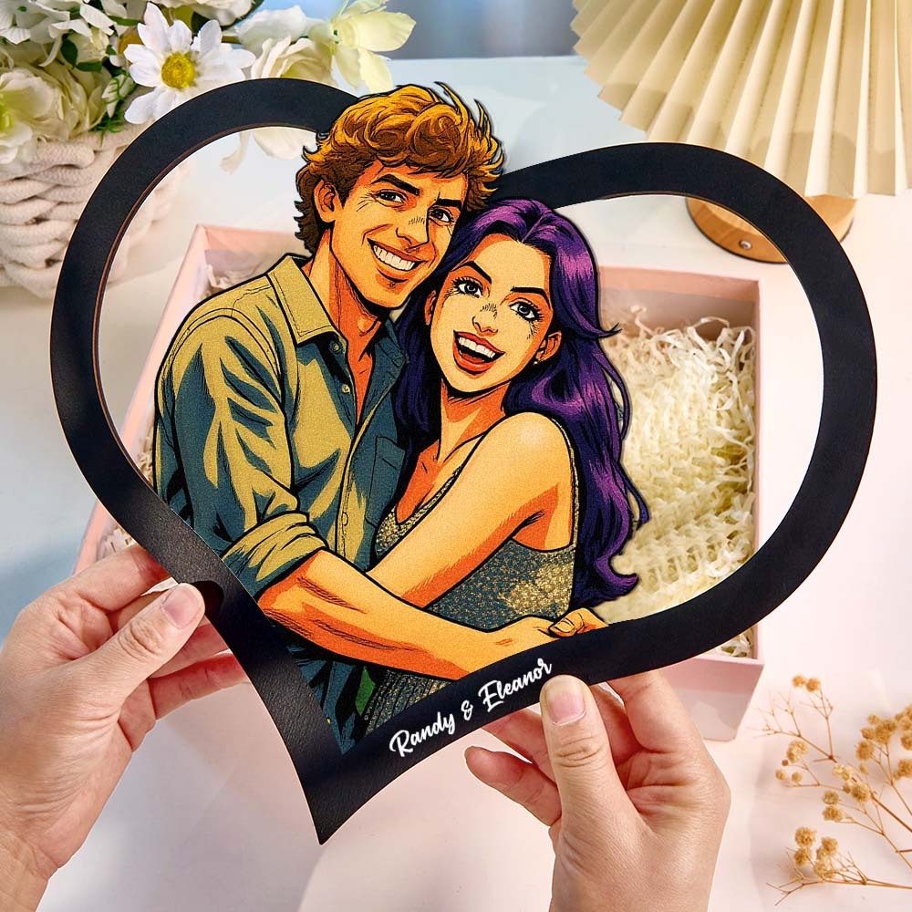 Personalized Heart-Shaped Cartoon Couple Frame｜Your Photo Transformed into Custom Illustration｜Add Names & Special Dates｜Romantic Gift for Couples