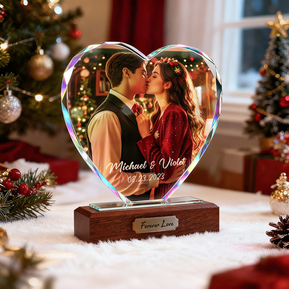 Custom Heart Crystal Photo Plaque, Personalized Picture & Engraving, Christmas Romantic Gift for Couples