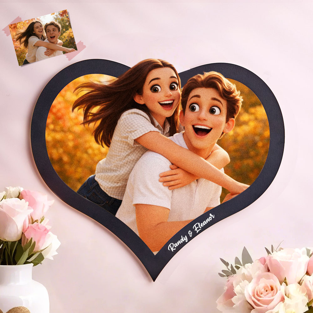 Personalized Heart Photo Frame, Custom Cartoon Couple Portrait for Valentine's Day - PhotoBoxer