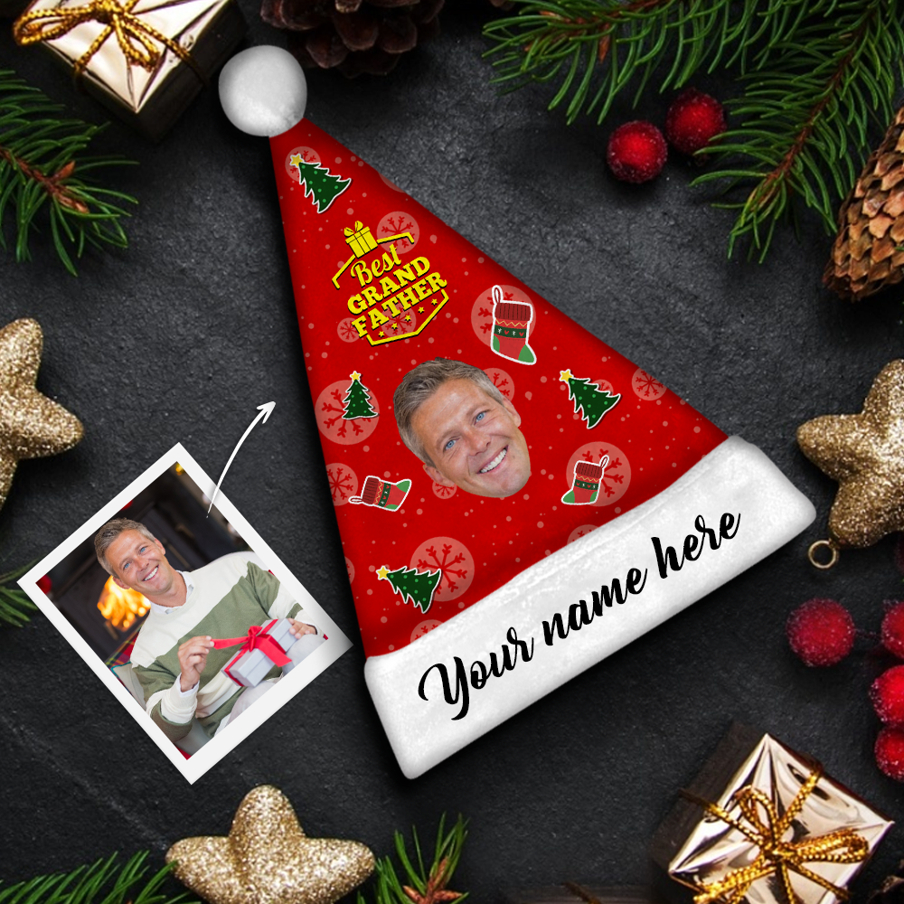Plush Velvet My Face & Name Personalized Best GrandFather Santa Hat - For Man, Woman, Kid