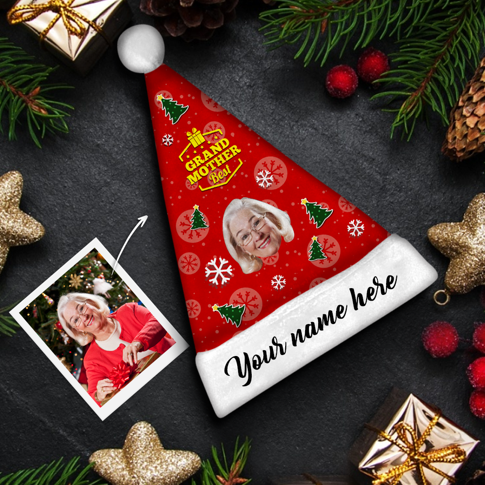 Plush Velvet My Face & Name Personalized Best GrandMother Santa Hat - For Man, Woman, Kid