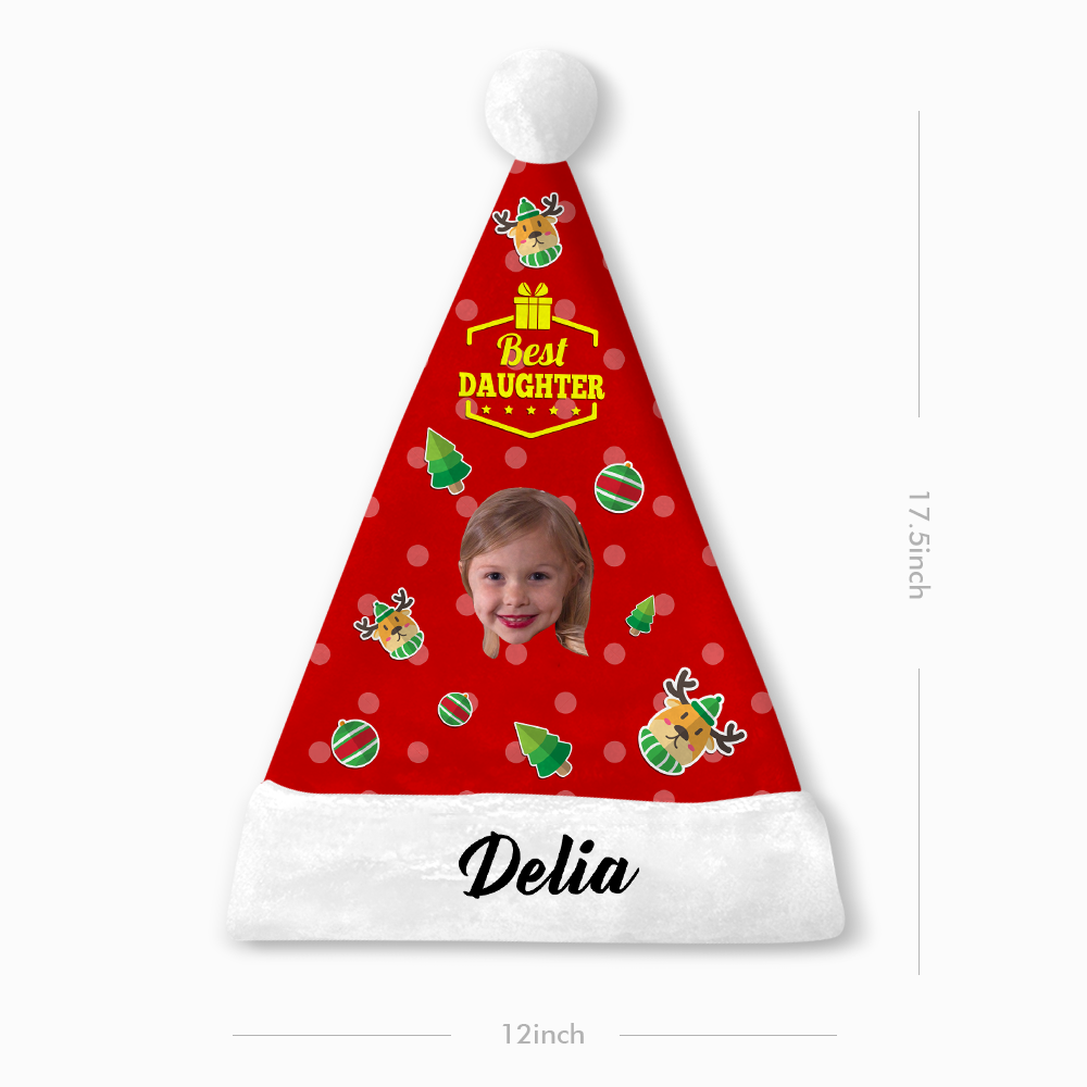 Plush Velvet My Face & Name Personalized Best Daughter Santa Hat - For Man, Woman, Kid