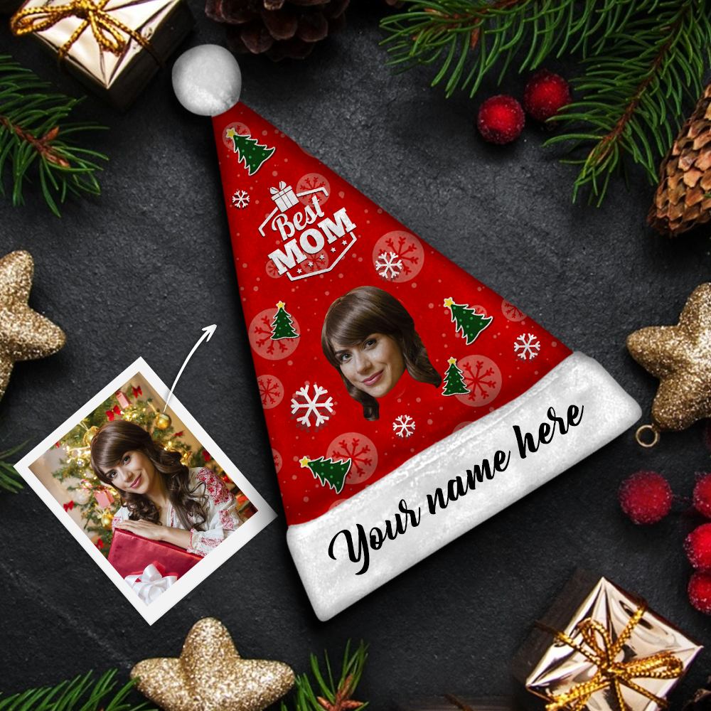 Plush Velvet My Face & Name Personalized Best Mom Santa Hat - For Man, Woman, Kid