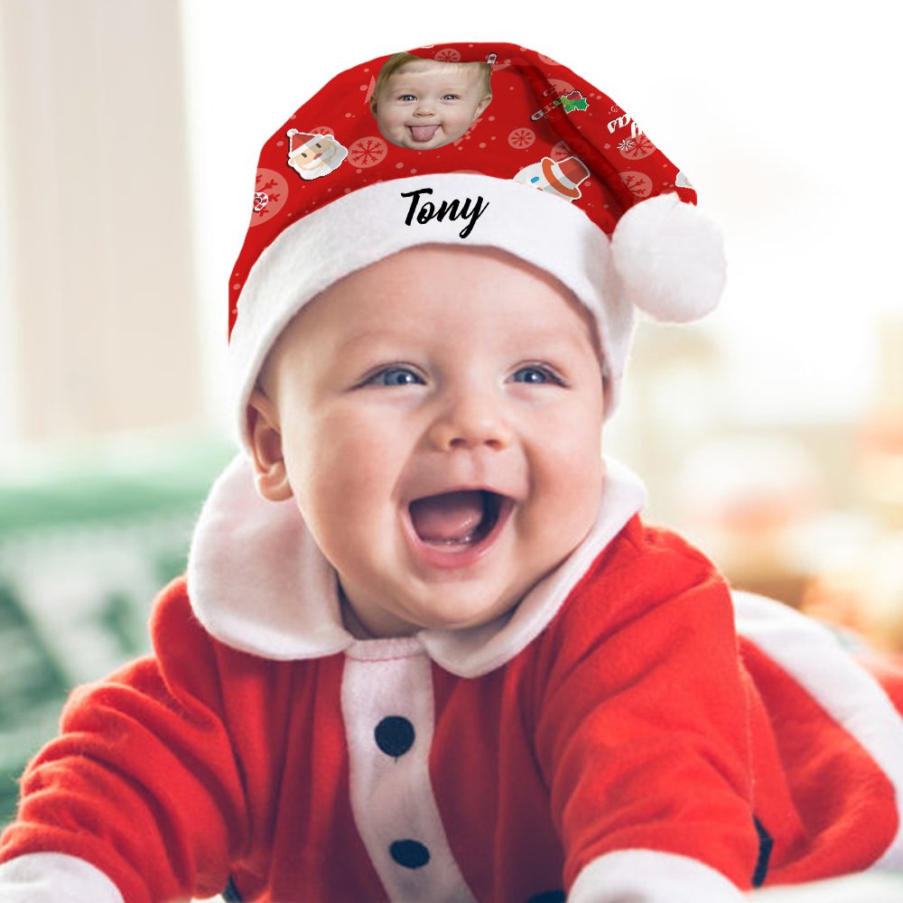 Plush Velvet My Face & Name Personalized Snowman "Merry Christmas" Santa Hat - For Man, Woman, Kid