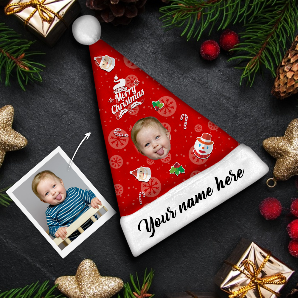 Plush Velvet My Face & Name Personalized Snowman "Merry Christmas" Santa Hat - For Man, Woman, Kid