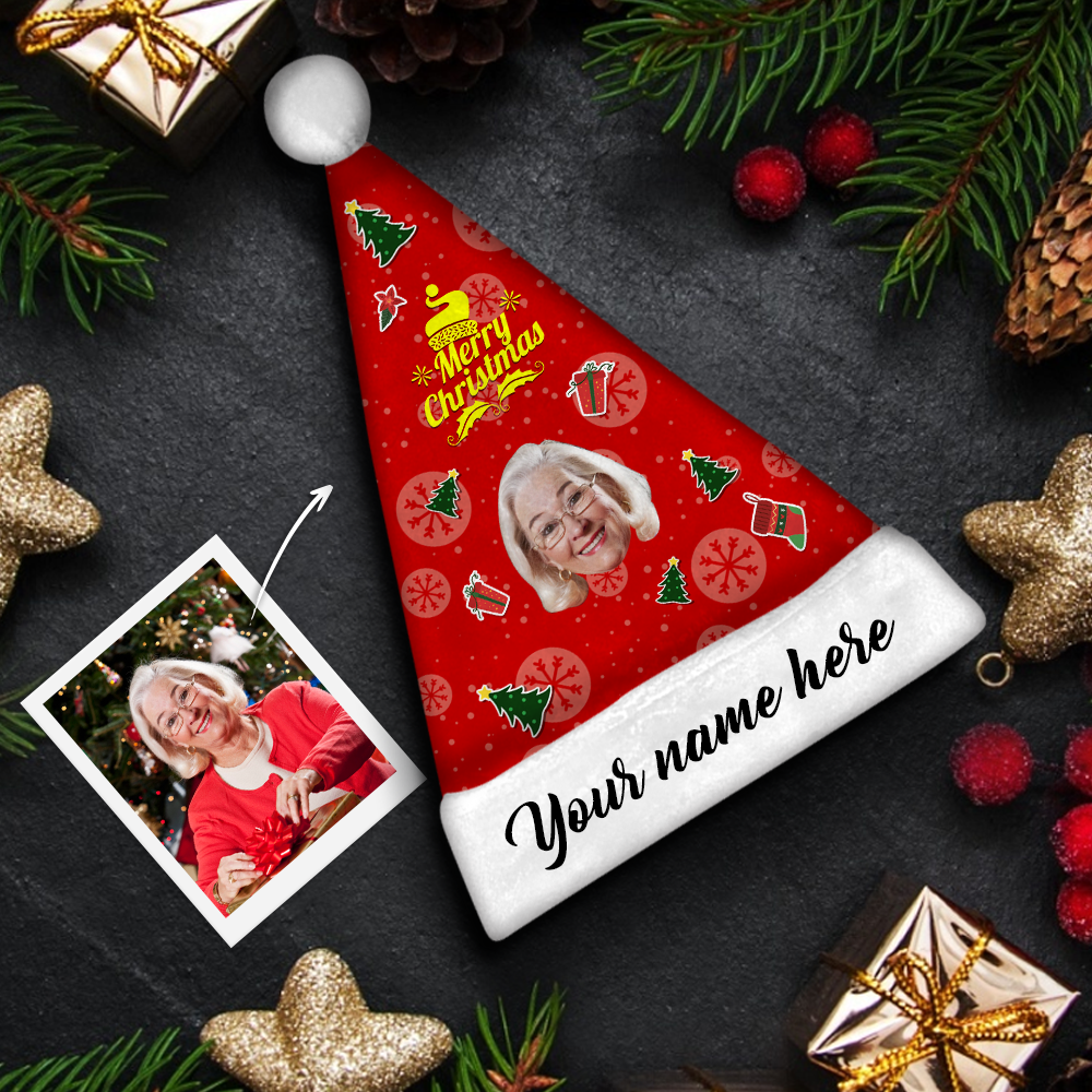 Plush Velvet Personalized Face & Name"Merry Christmas" Santa Hat - For Man, Woman, Kid