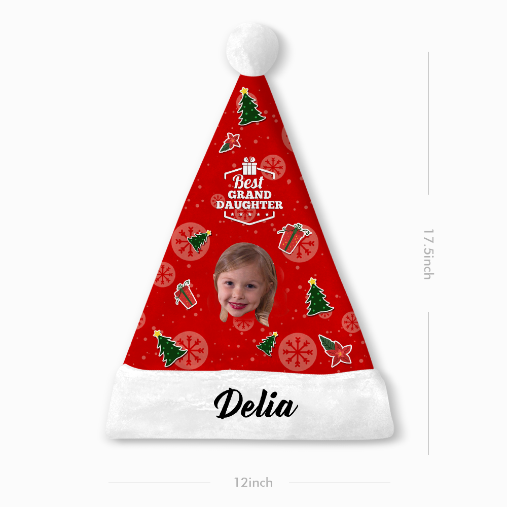 Plush Velvet My Face & Name Personalized Best Granddaughter "Merry Christmas" Santa Hat - For Man, Woman, Kid