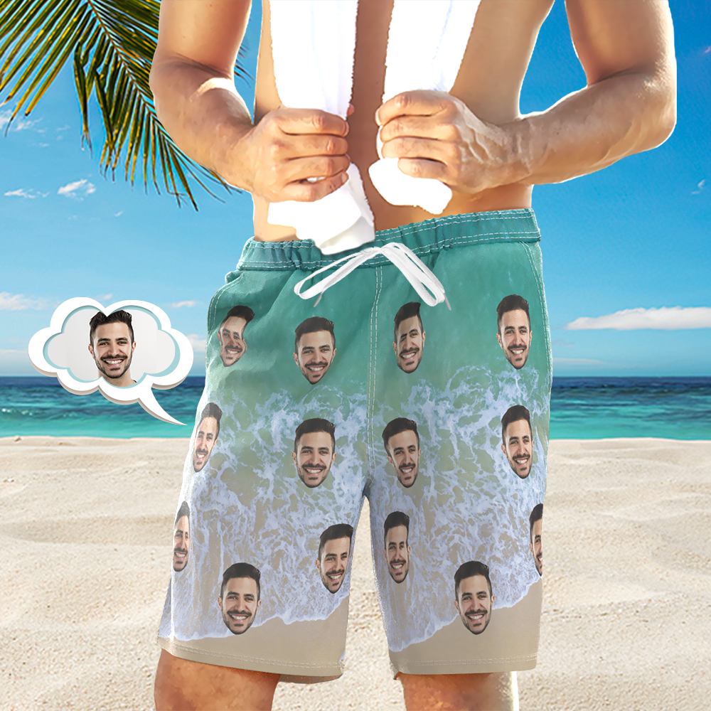 Custom Face Beach Short Personalized Photo Wave Print Swim Trunks Vacation Party Gift - PhotoBoxer