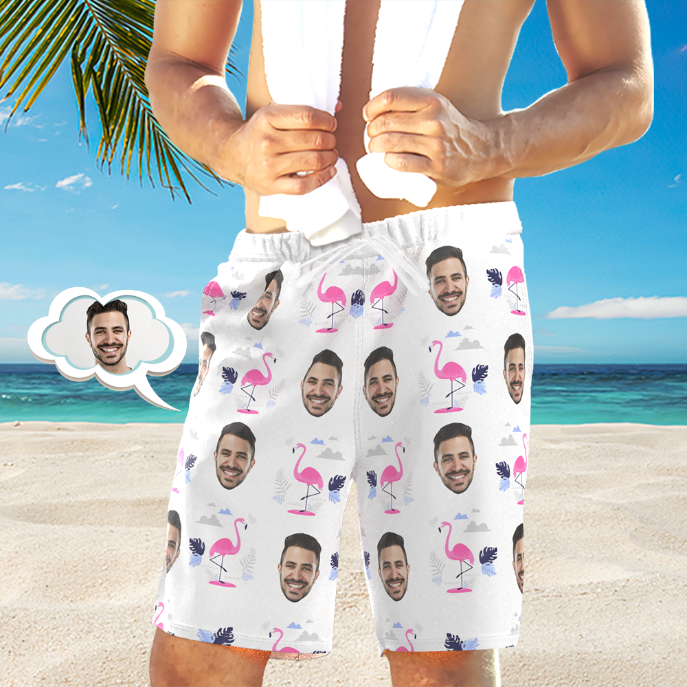 Custom Face Beach Short Personalized Photo Flamingo Print Swim Trunks Vacation Party Gift - PhotoBoxer