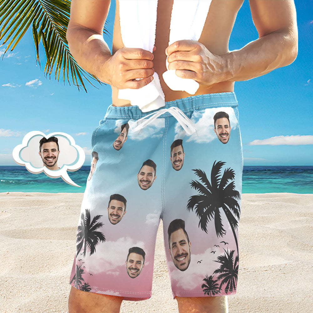 Custom Face Beach Short Personalized Photo Coconut Tree View Swim Trunks Vacation Party Gift - PhotoBoxer