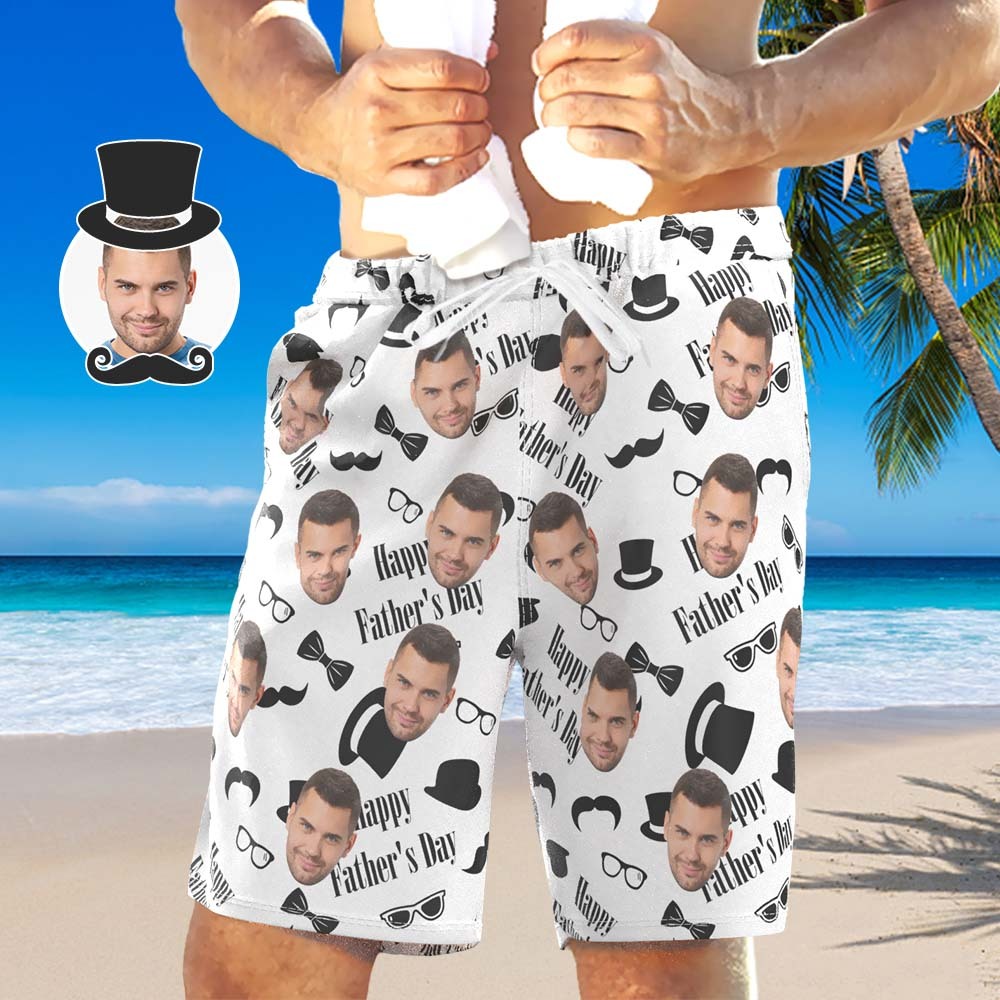 Custom Dad's Face Beach Short Personalized Photo Swim Trunks Happy Father's Day - PhotoBoxer