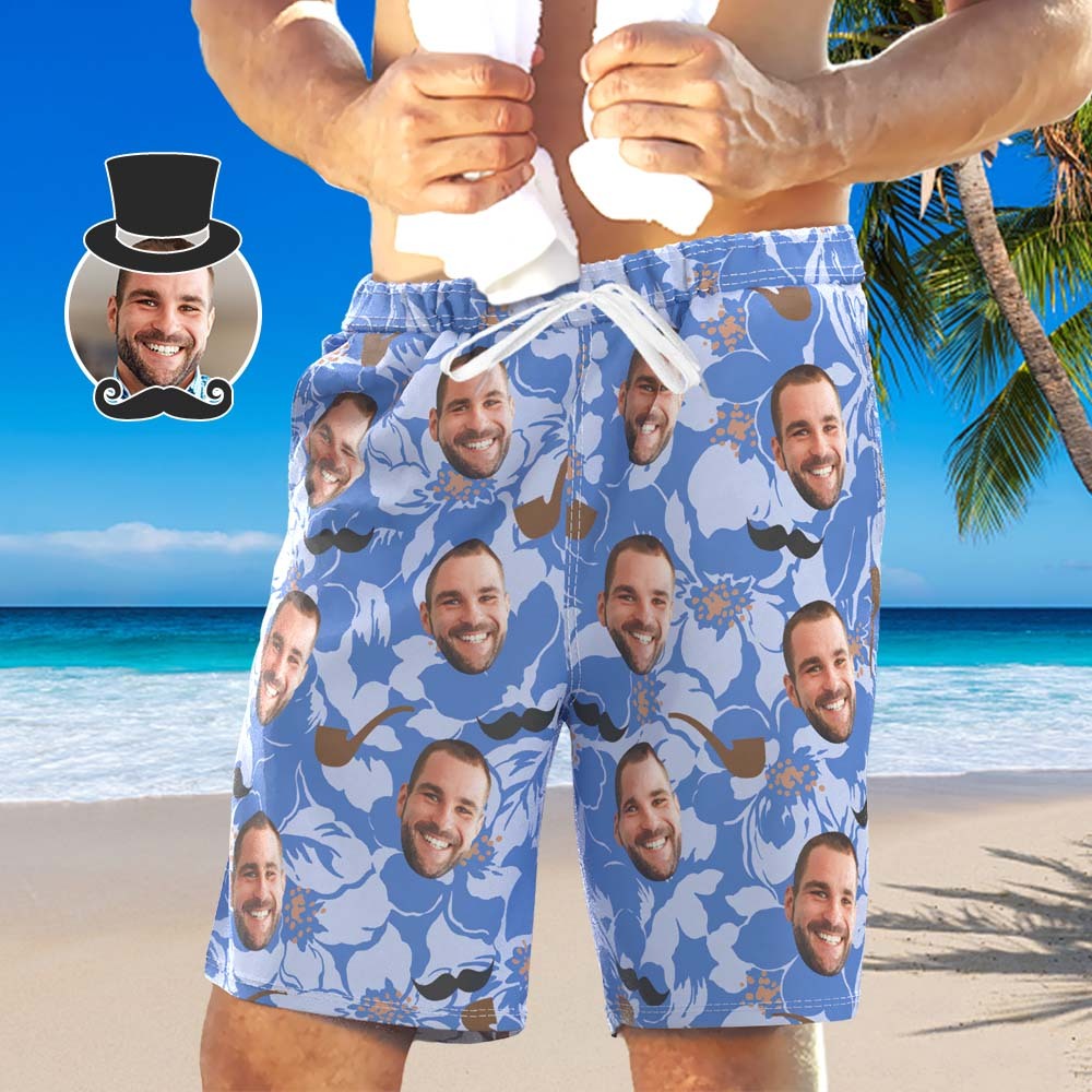 Custom Father's Day Hawaiian Summer Shorts With Face Personalized Photo Swim Trunks - PhotoBoxer