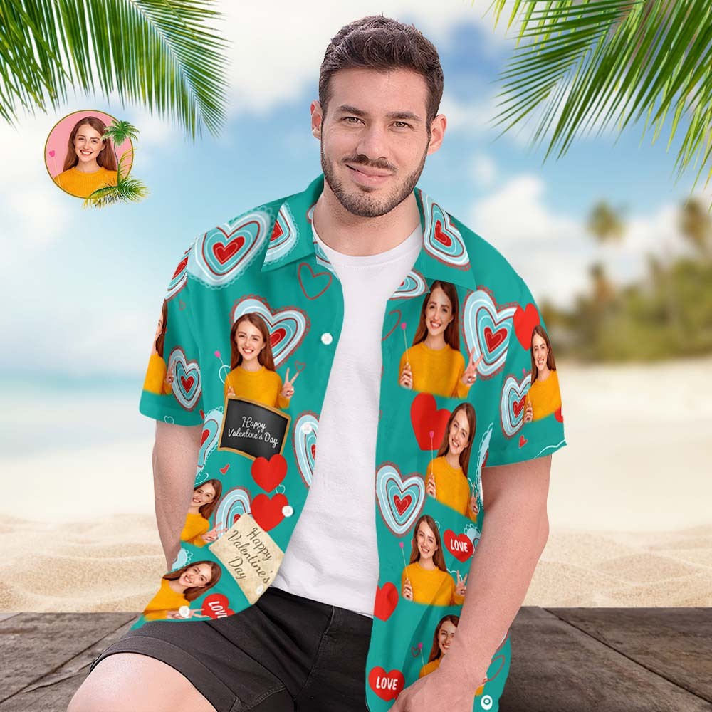 Custom Photo Hawaiian Shirts Personalized Photos Valentine's Day Gift Men's Shirts - Sweet Love Green - PhotoBoxer