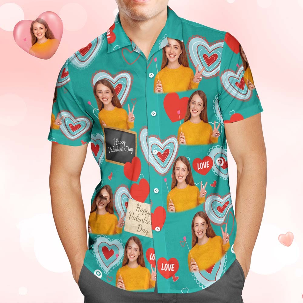 Custom Photo Hawaiian Shirts Personalized Photos Valentine's Day Gift Men's Shirts - Sweet Love Green - PhotoBoxer