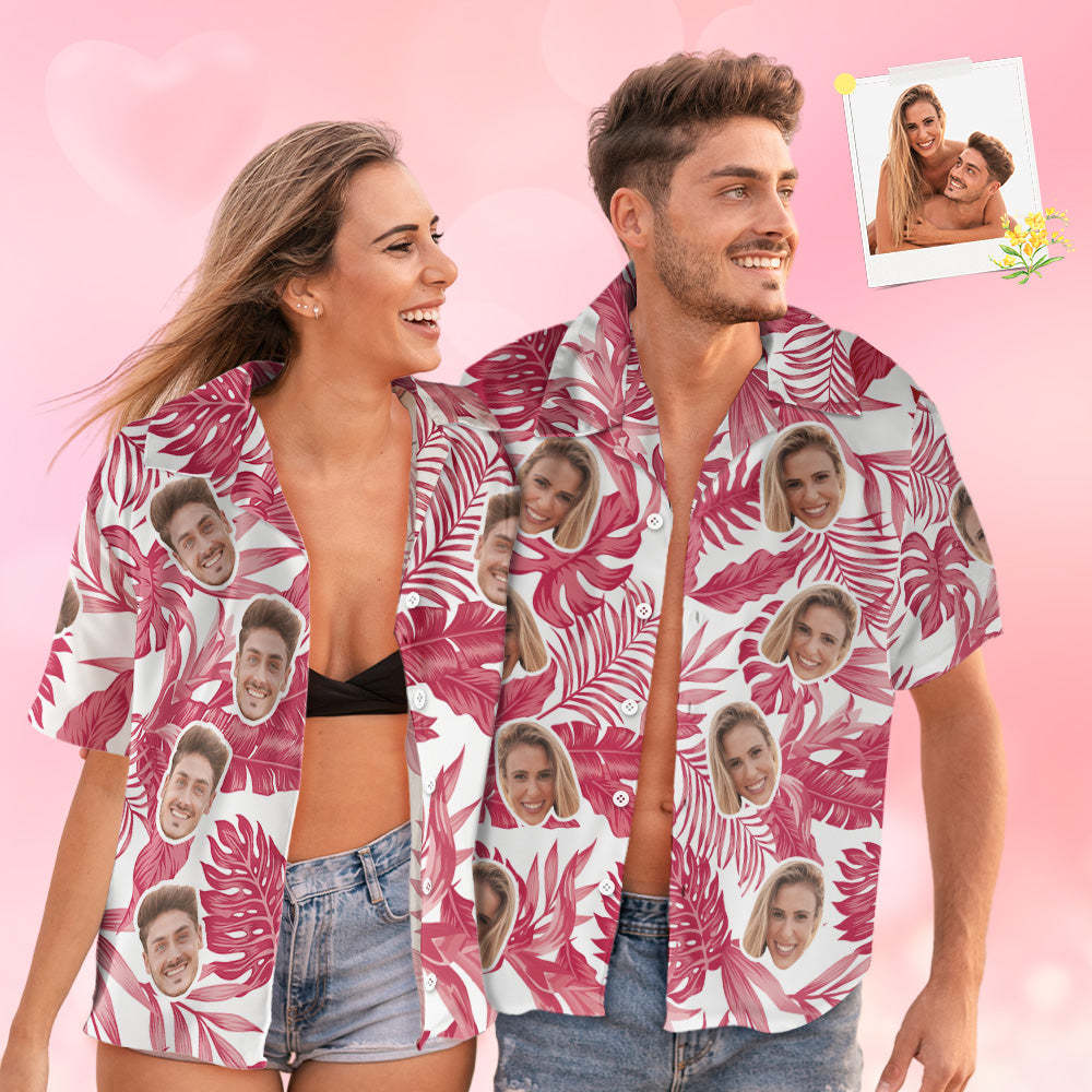 Custom Face Hawaiian Shirt Red Tropical Hibiscus Hawaiian Shirt Gift for Couple - PhotoBoxer