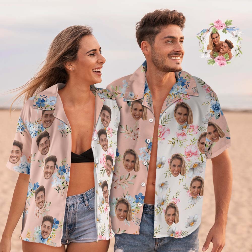 Custom Face Hawaiian Shirt Shirt Couple Outfit Patchwork Printing Shirt Valentine's Day Gifts - PhotoBoxer