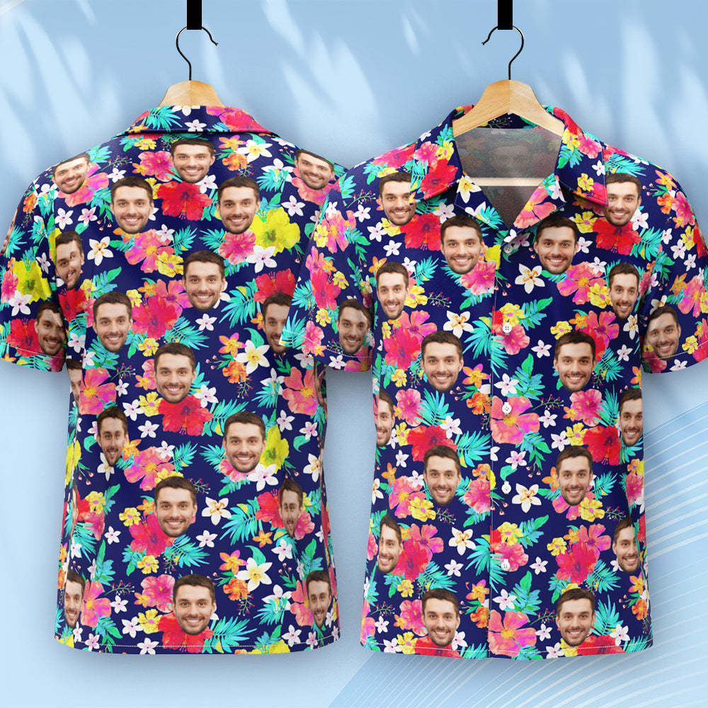 Custom Hawaiian Shirt for Men Personalized Short Sleeves Shirt with Picture Face Photo Printed Hawaii Shirt Colorful Flower - PhotoBoxer
