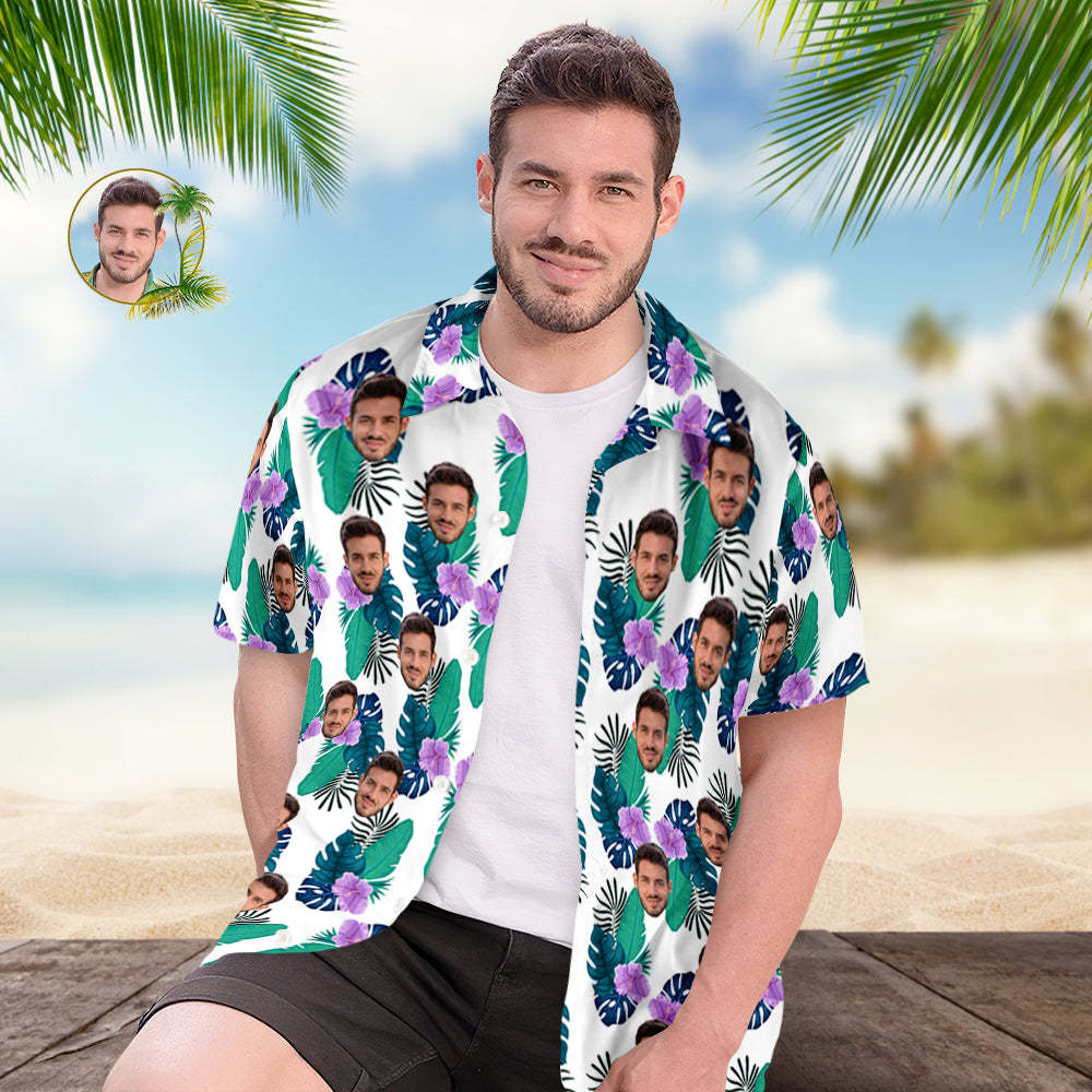 Custom Hawaiian Shirt for Men Personalized Short Sleeves Shirt with Picture Face Photo Printed Hawaii Shirt Green Flower - PhotoBoxer