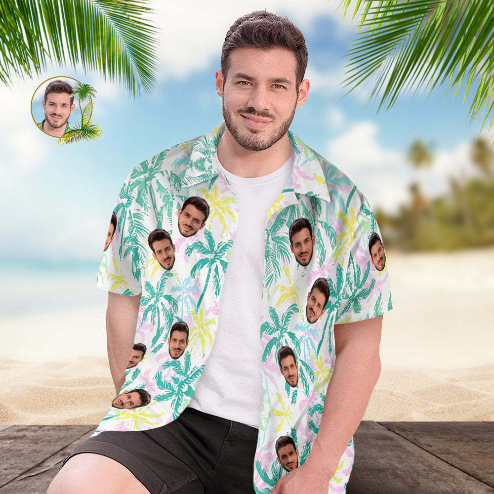 Custom Face Hawaiian Shirt Couple Outfit Vibe Vocation Hawaiian Shirt Colorful Palm Trees - PhotoBoxer