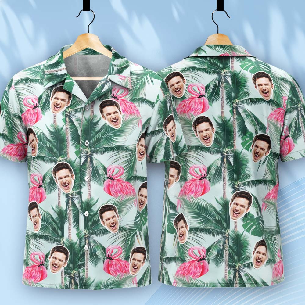 Custom Face Hawaiian Shirt Green Coconut Tree Flamingo Hawaiian Shirt Tropical Style Shirt - PhotoBoxer