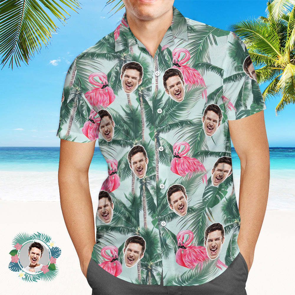 Custom Face Hawaiian Shirt Green Coconut Tree Flamingo Hawaiian Shirt Tropical Style Shirt - PhotoBoxer