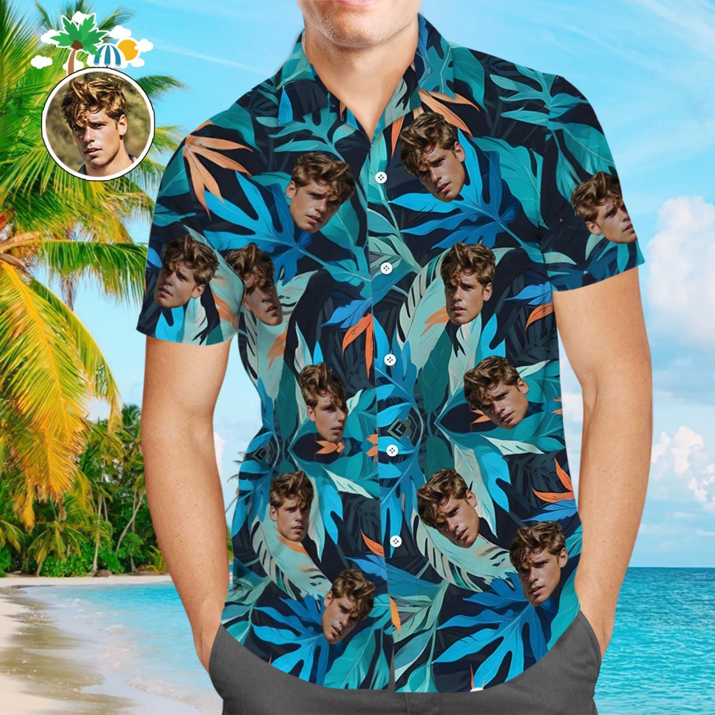 Custom Face Leaves Hawaiian Shirts Flamingo Hawaiian Shirt For Dad Father's Day Gift - PhotoBoxer