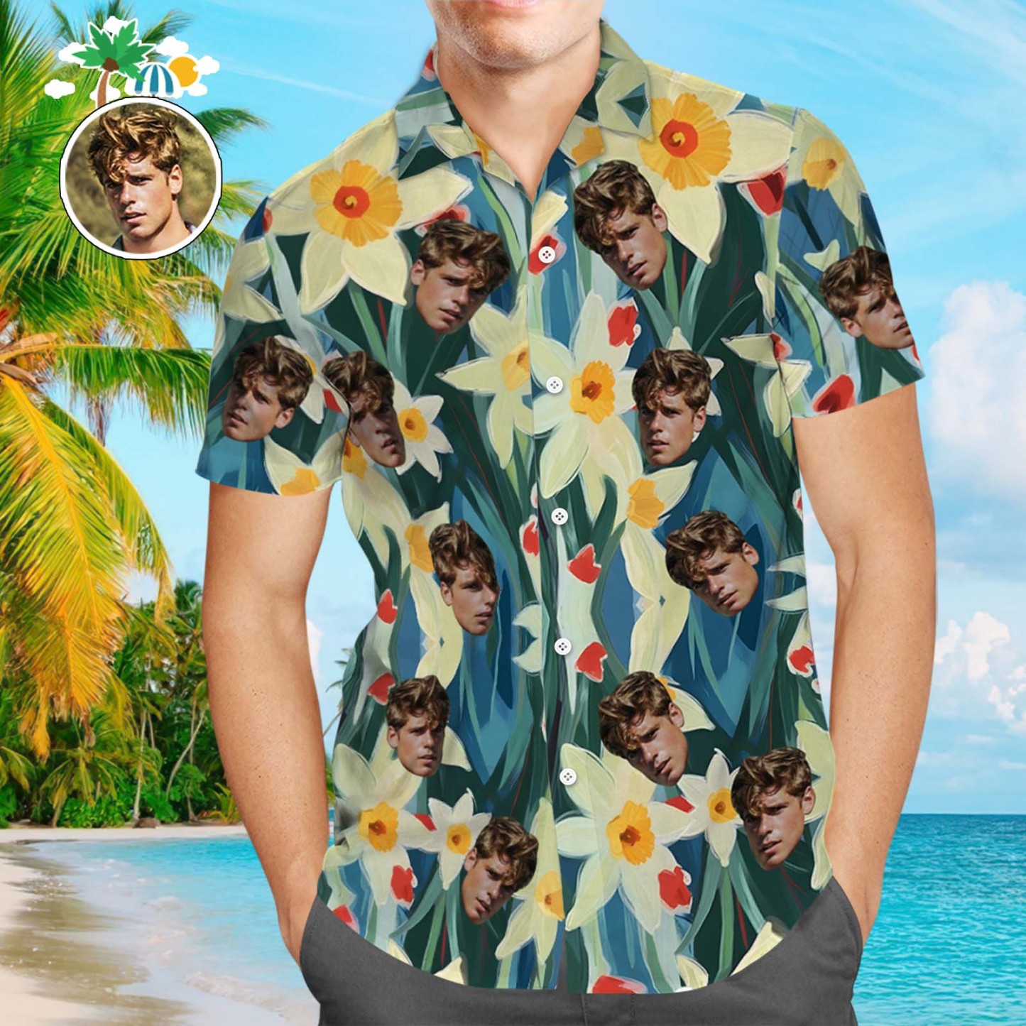 Custom Face Leaves Hawaiian Shirts Flamingo Hawaiian Shirt For Dad Father's Day Gift - PhotoBoxer