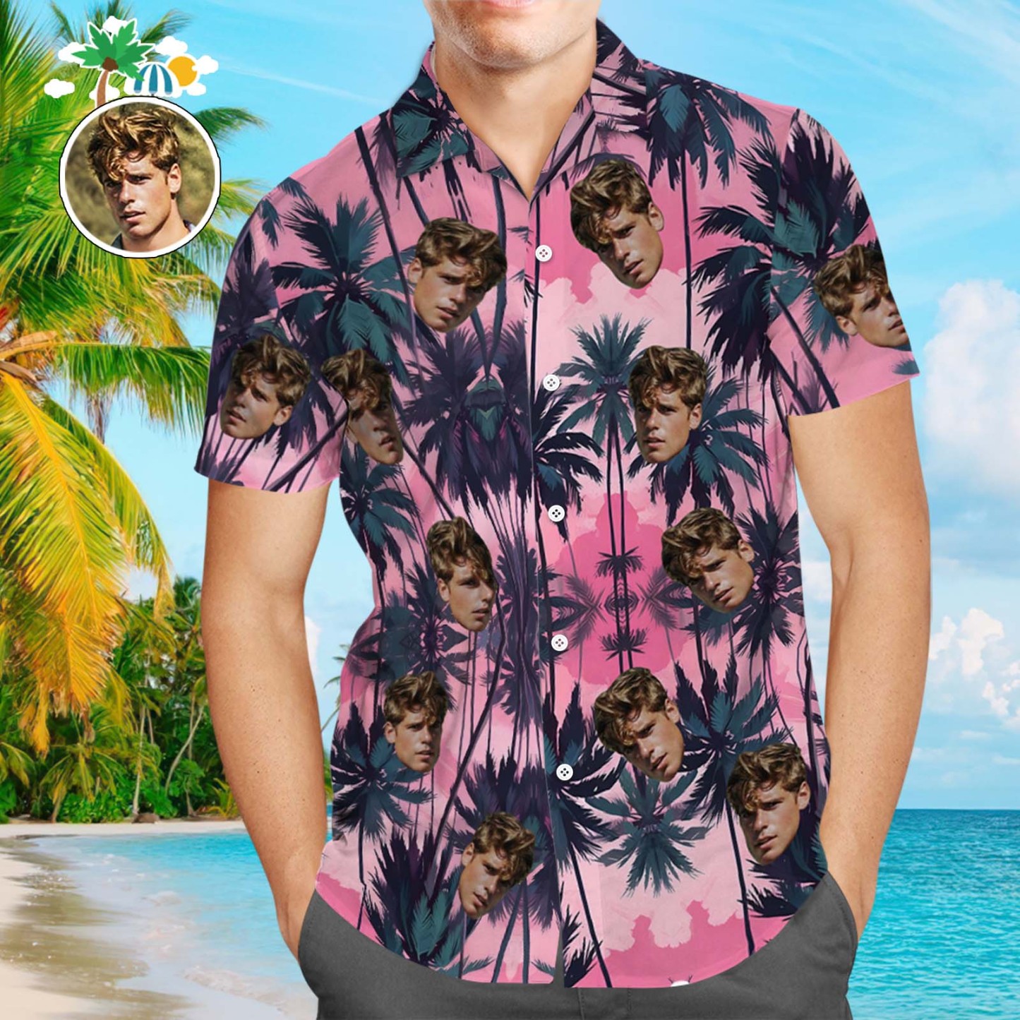 Custom Face Leaves Hawaiian Shirts Flamingo Hawaiian Shirt For Dad Father's Day Gift - PhotoBoxer