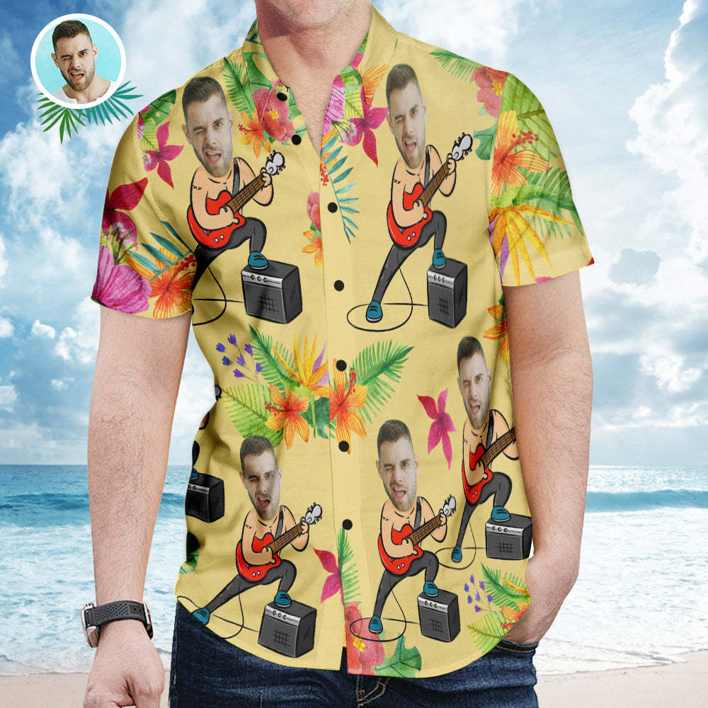 Custom Face And Text Hawaiian Shirt Short Sleeve Shirt Flowers Beach Summer Guitarist Shirts for Men
