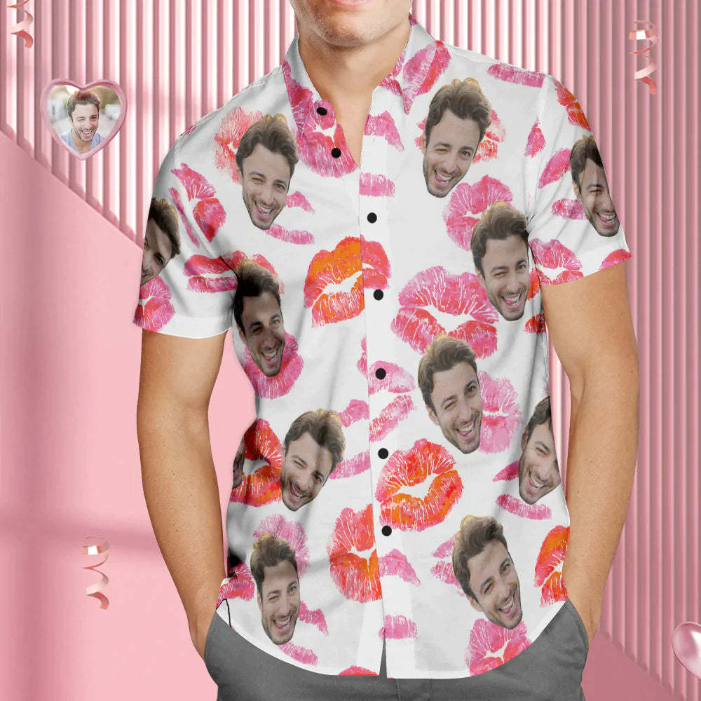 Custom Face Hawaiian Shirt Personalized Men's Photo Kiss Shirt Valentine's Day Gift For Him