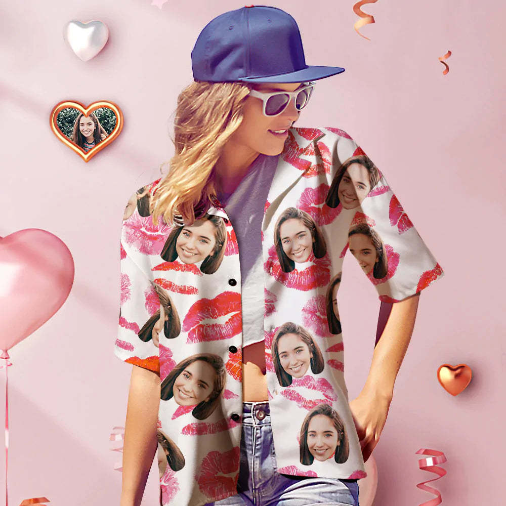 Custom Face Hawaiian Shirt Personalized Women's Photo Kiss Shirt Valentine's Day Gift for Her
