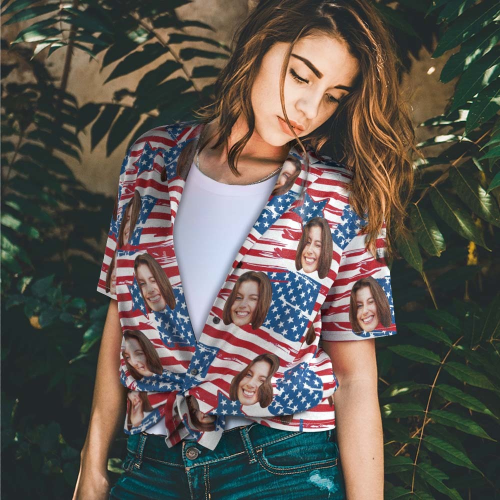 Custom Face Hawaiian Shirt For Women Personalized Women's Photo Shirt Red & Blue Leaves Pattern - PhotoBoxer