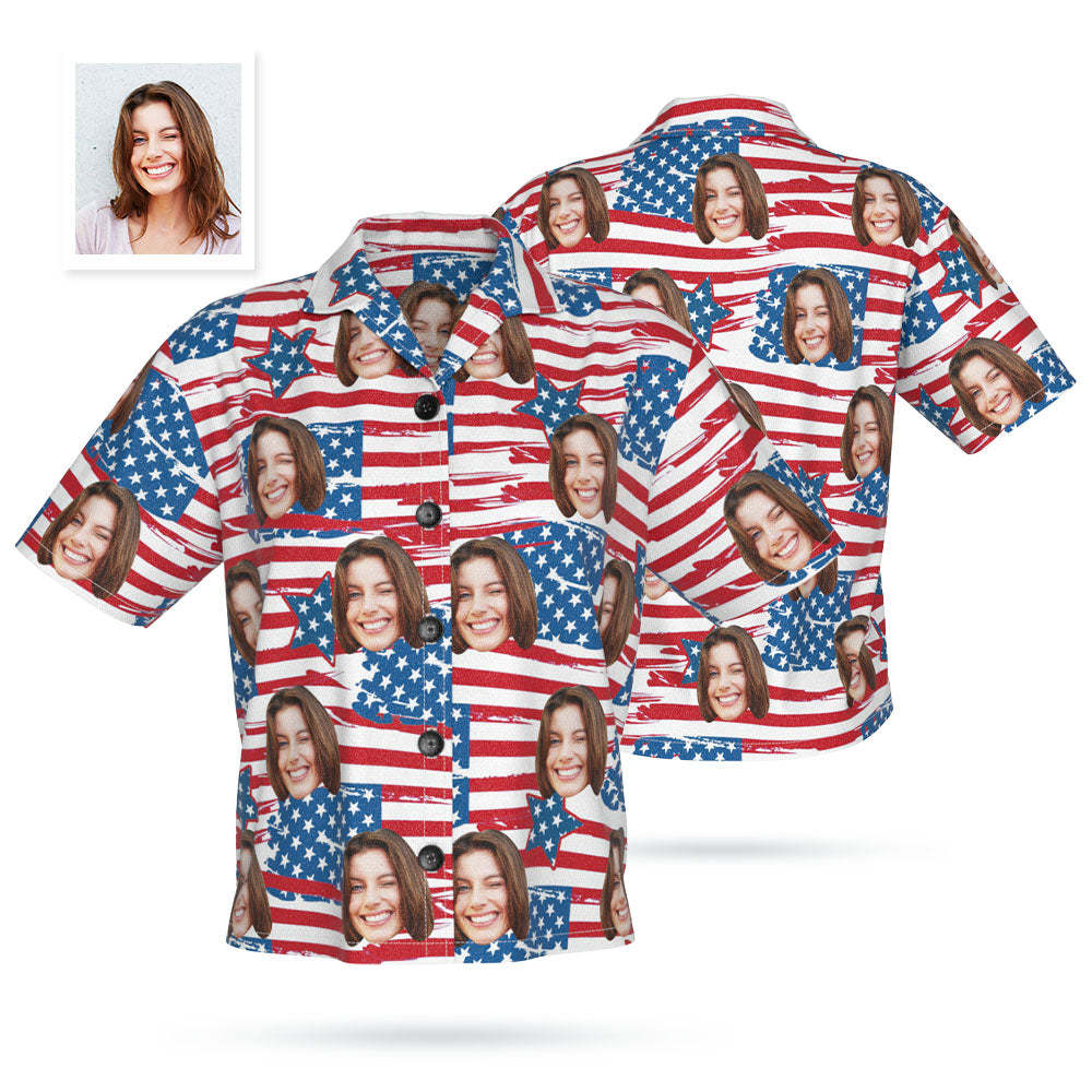 Custom Face Hawaiian Shirt For Women Personalized Women's Photo Shirt Red & Blue Leaves Pattern - PhotoBoxer